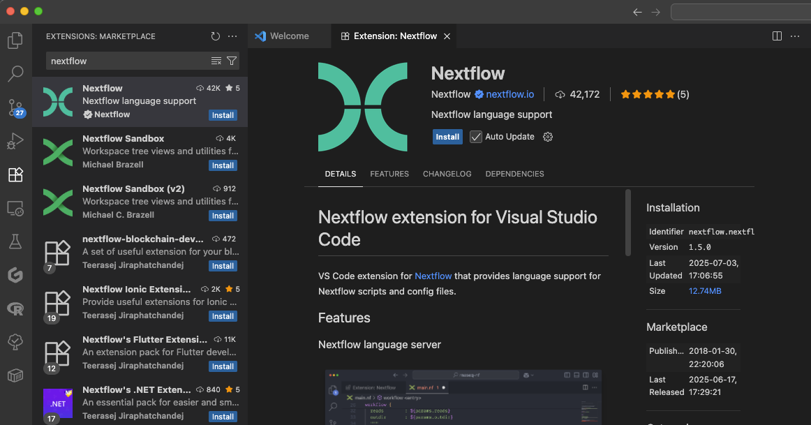 Instal·la l'extensió de Nextflow